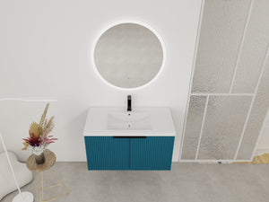 English Elm 36" Floating Bathroom Vanity with Resin Sink, Wavy Doors, Soft-Close Hinges & Durable Plywood Finish Lake Blue W999P251809