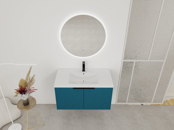 English Elm 36" Floating Bathroom Vanity with Resin Sink, Wavy Doors, Soft-Close Hinges & Durable Plywood Finish Lake Blue W999P251809