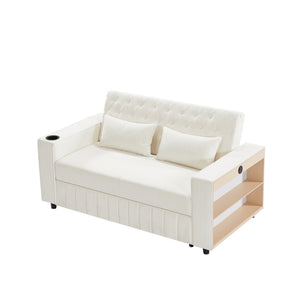English Elm 61.4" Pull-out Sofa Bed Loveseat with Adjustable 3-Position Backrest, USB Ports, Cup Holders, Storage Rack Beige N719S001900A