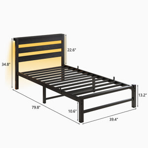 English Elm Twin LED Platform Bed Frame with Headboard, USB Charging, RGB Lights, Under-Bed Storage, Noise-Free Black W840P209905