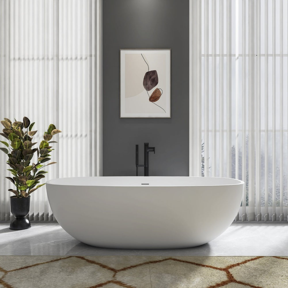 English Elm 71 Inch Freestanding Solid Surface Soaking Tub Matte White Seamless Sculptural Bath W1613P355483