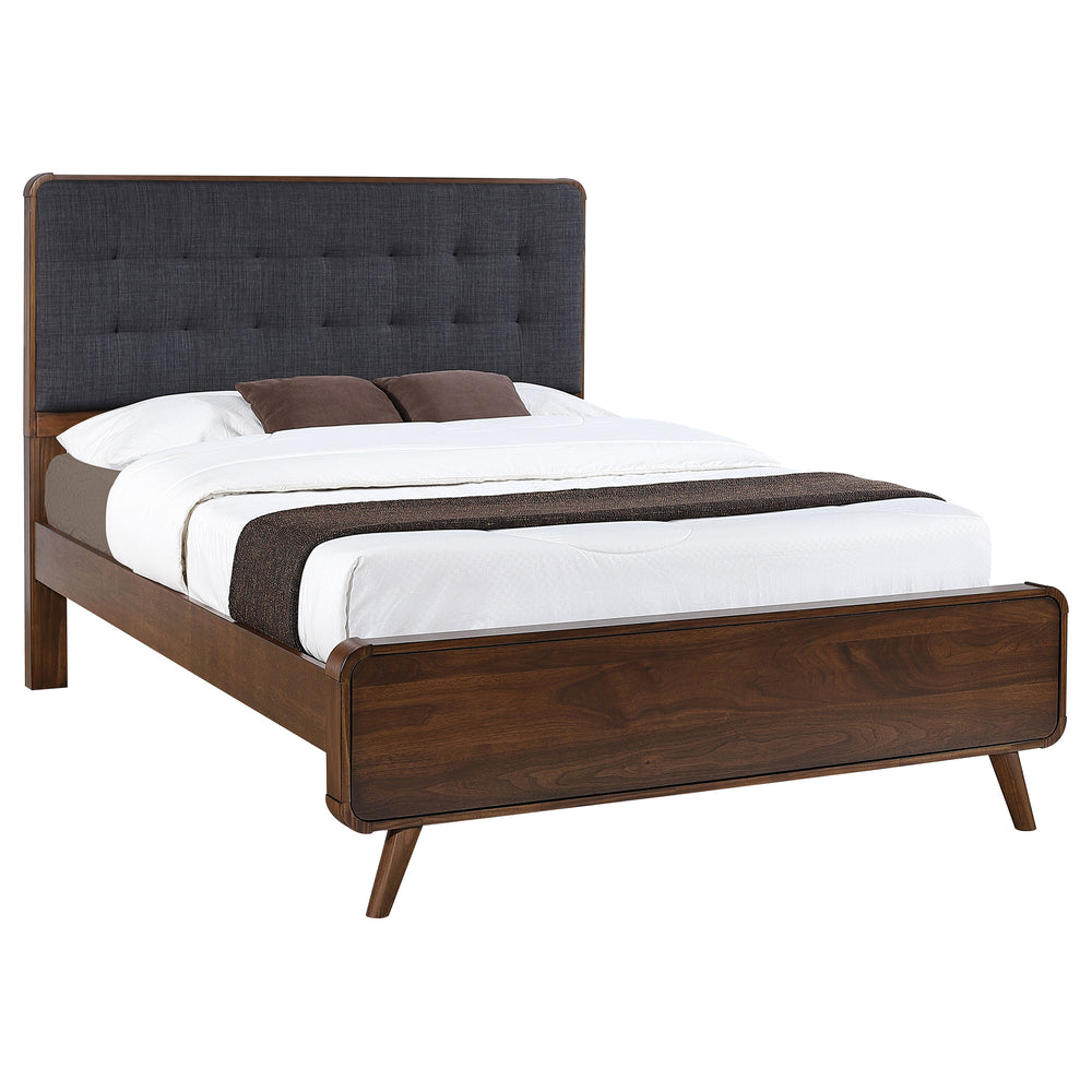 English Elm Carson Dark Walnut Queen Platform Bed With Tufted Grey Upholstery For A Cozy Mid-Century Retreat B062S00695