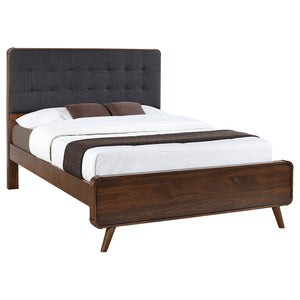 English Elm Carson Dark Walnut Queen Platform Bed With Tufted Grey Upholstery For A Cozy Mid-Century Retreat B062S00695