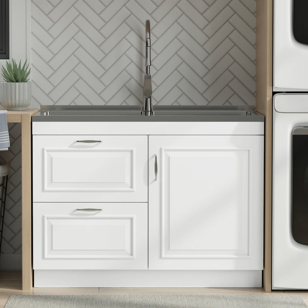 English Elm Hennessy Shaker Cabinet Utility Sink Stainless Steel Basin Laundry Room Setup B136P427218