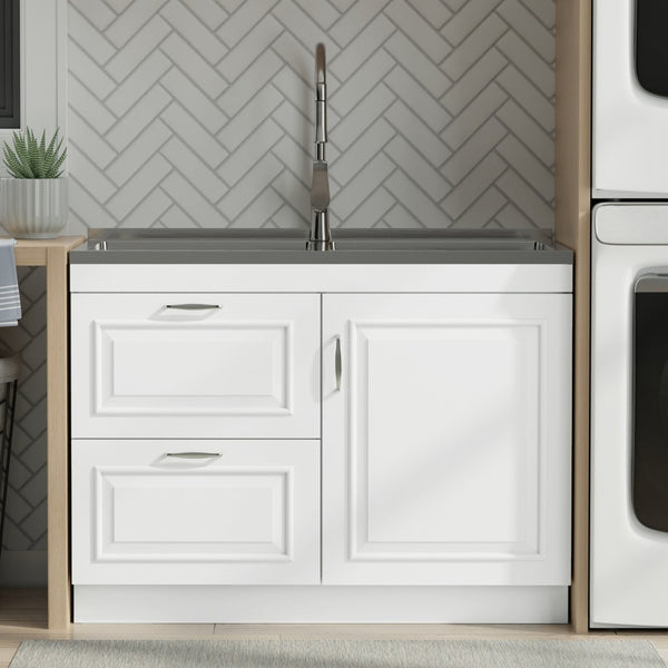 English Elm Hennessy Shaker Cabinet Utility Sink Stainless Steel Basin Laundry Room Setup B136P427218