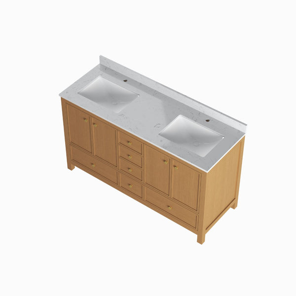 English Elm 60" Double Sink Vanity Solid Wood Cabinet Carrara Marble Top Brown Oak Finish T3785P442245