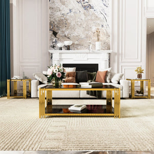 English Elm Modern Glam Rectangular Coffee Table with Mirrored Top Gold Sculptural Frame Open Shelf Black N735P380101B