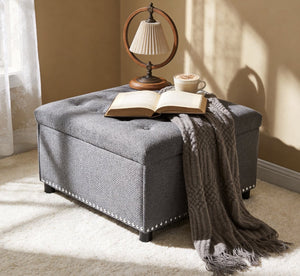 English Elm Storage Ottoman Tufted Nailhead Trim Lift Top Footstool for Living Room or Bedroom Light Gray W5568P447080