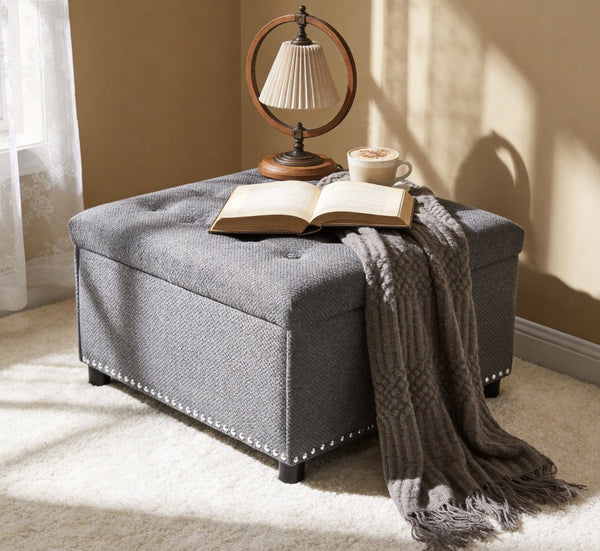 English Elm Storage Ottoman Tufted Nailhead Trim Lift Top Footstool for Living Room or Bedroom Light Gray W5568P447080