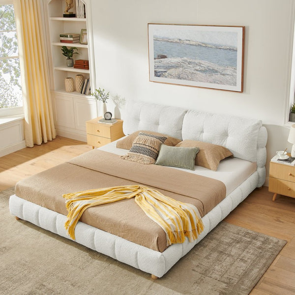 English Elm King Bouclé Upholstered Platform Bed Tufted Cloud Headboard Low Profile Frame W1413S00184