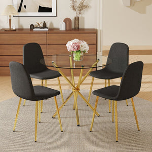 English Elm 4-Piece Modern Luxe Dining Set: 36.6'' Round Glass Table & Black-Gold Chairs For Stylish Spaces W1151S03682