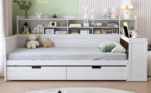 English Elm Wooden Twin Daybed with Built-In Desk, Side Shelves and Dual Drawers for Smart Space Saving Antique White 54.9 L x 18.75 W x 5.6 H N733S241484K