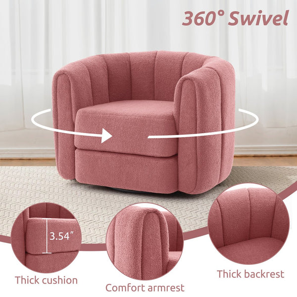 English Elm Swivel Teddy Fabric Barrel Chair with 360° Rotation, Solid Wood Base, Plush High-Density Comfort Pink Teddy W2606P221625