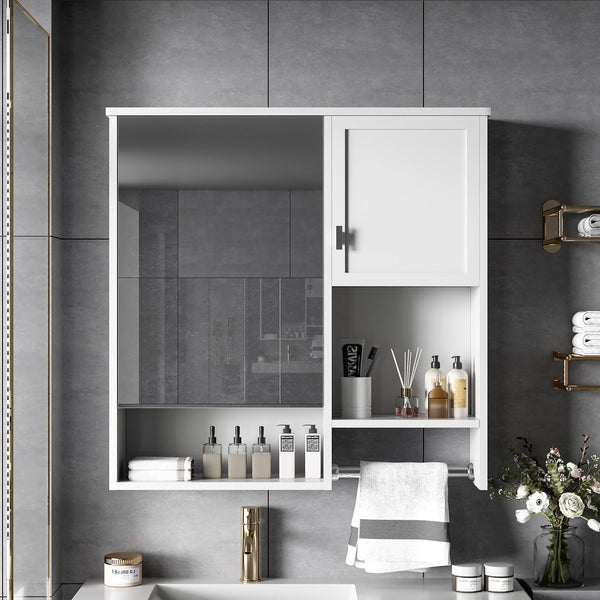 English Elm 29'' Modern Wall Mounted Medicine Cabinet with Mirror, Spacious Adjustable Shelves, Towel Bar and Durable MDF Finish White N710P209440K