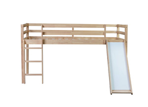 English Elm Twin Low Loft Bed with Slide and Ladder for Kids, Rubberwood Frame, Safety Guardrails & Playspace White Oak W504P218527