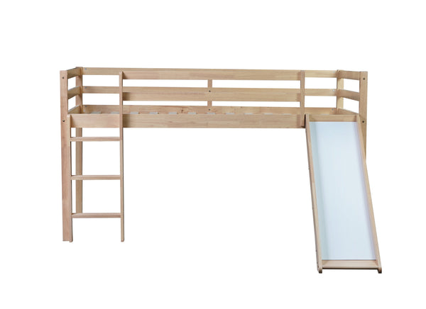 English Elm Twin Low Loft Bed with Slide and Ladder for Kids, Rubberwood Frame, Safety Guardrails & Playspace White Oak W504P218527