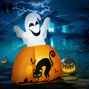 English Elm HOMCOM 5ft Halloween Inflatable Ghost with Painted Pumpkin Base, LED Lights, Stakes & Easy Setup W2225P217529
