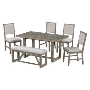English Elm TREXM Retro 6-Piece Dining Set with Trestle Table, Upholstered Chairs & Bench for Cozy Gatherings Gray ST000124AAE