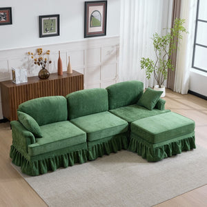 English Elm 103.15'' Chenille L-shaped Sectional Sofa with Detachable Pleated Skirt and Ottoman Green W3612S00046
