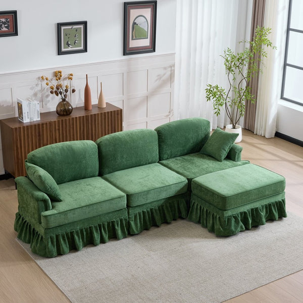English Elm 103.15'' Chenille L-shaped Sectional Sofa with Detachable Pleated Skirt and Ottoman Green W3612S00046