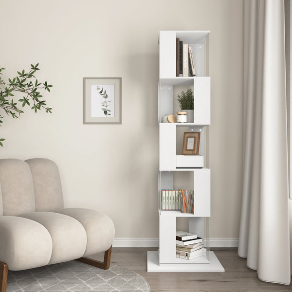 English Elm 5 tier rotating bookshelf with 360° swivel, large-capacity wood veneer rack with acrylic shelves and anti-tip base White W409P167480