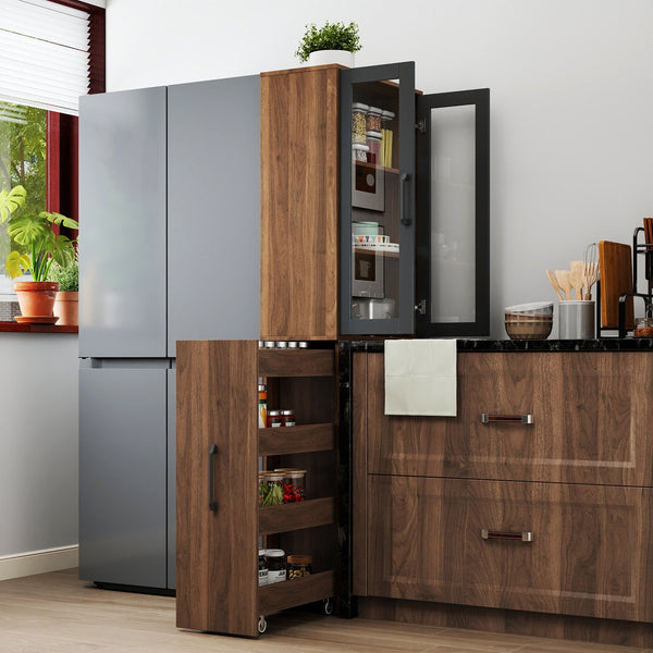 English Elm 70.87" Display Storage Cabinet with 4-Tier Pull-Out Shelves and Glass Doors for Kitchen & Living Room Walnut W331P295246
