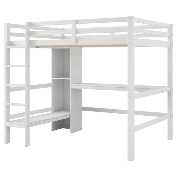 English Elm Full Size Loft Bed With Under-Bed Desk & Multifunction Shelves - Space-Saving White Design For Teens N7090005004K