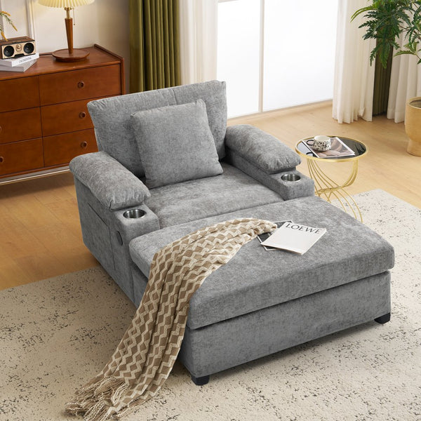 English Elm Ergonomic Oversized Chair with Ottoman Firm Chenille Support, Reclining Sofa Bed, Cupholders & USB Grey W2606P293157