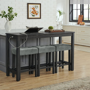 English Elm 59 Inch Bar Table with Built-In Power Outlet and 3 Upholstered Stools, Sturdy MDF & Solid Wood Design for Kitchen Dining Living Room Black W2972P277847