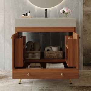 English Elm Mid-century Freestanding Bathroom Vanity with Marble Stone Top and Gold Steel Legs W3136S00065