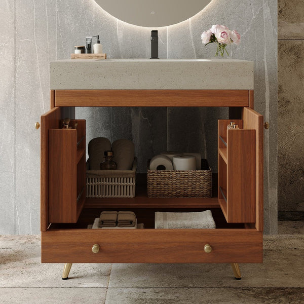 English Elm Mid-century Freestanding Bathroom Vanity with Marble Stone Top and Gold Steel Legs W3136S00065