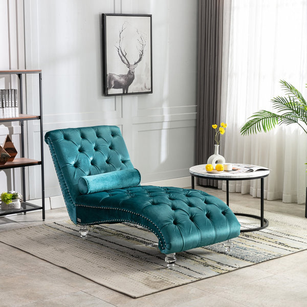 English Elm Velvet Curved Chaise Lounge Sofa with Button-Tufted Back, Thick Foam Comfort and Acrylic Legs for Living Room Relaxation Teal W39538678