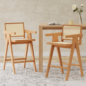 English Elm Christopher Knight Home® - 27'', Modern minimalist bar stool set of 2 with cane PE rattan seats, solid rubberwood frame, durable craft finish Natural N780P237929N