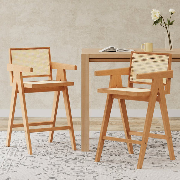 English Elm Christopher Knight Home® - 27'', Modern minimalist bar stool set of 2 with cane PE rattan seats, solid rubberwood frame, durable craft finish Natural N780P237929N