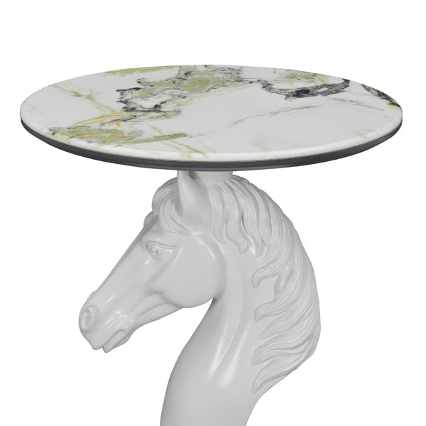 English Elm Horse Head Sculpted Resin End Table with Faux Marble Top for Bold Living Rooms White W5398P454678