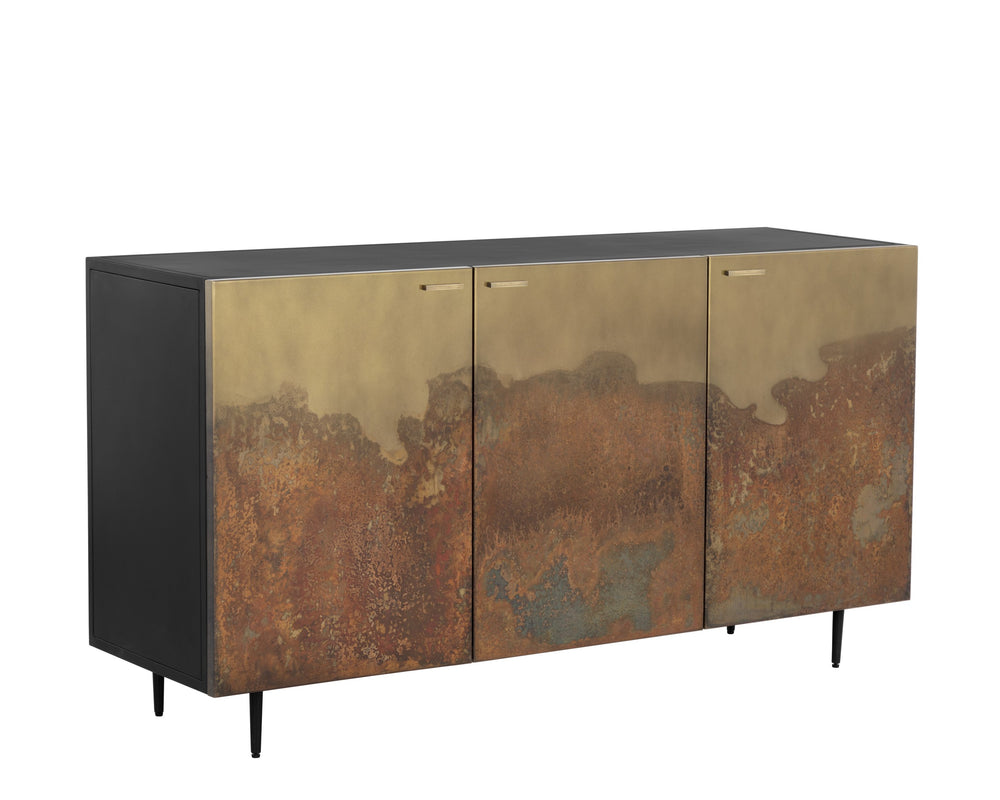 Sunpan Auburn Sideboard: Exquisite Antique Brass Design with Ombre Patina, Black Metal Frame, Handcrafted Charm