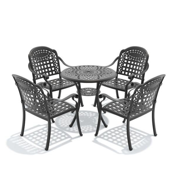 English Elm 5-piece Cast Aluminum Outdoor Dining Set with Ornate Relief Patterned Stackable Chairs W1710S00624