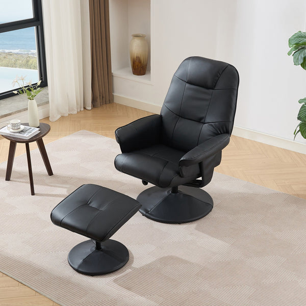 English Elm 011-Massage Recliner Chair with Ottoman, 360° Swivel PU Leather, 5-Point Vibration Massage, Heated Seat, 140° Backrest Comfort Black W2636P262429