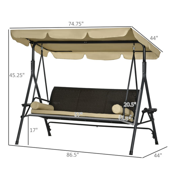 English Elm Outsunny Three Seat Pe Rattan Canopy Patio Swing with Steel Frame for Backyard W2225P174129