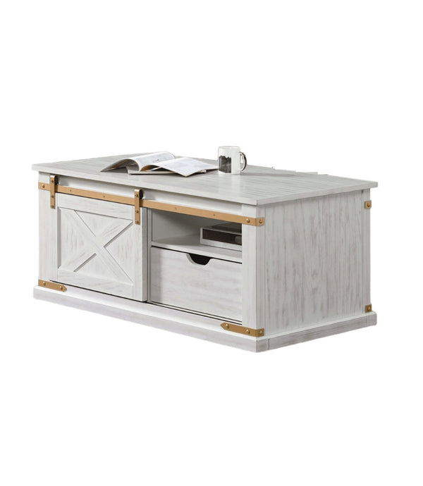 English Elm Antique Rustic White Coffee Table with Glam Metal Accents, Barnhouse Style, Center Glide Drawer Storage Antique White,Gold 51 L x 27 W x 23 H B011P321004