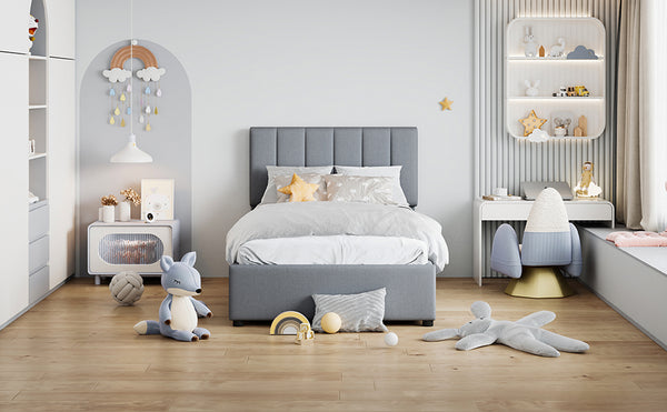 English Elm Twin Upholstered Hydraulic Storage Bed with Vertical Stripe Headboard, Space-Saving Modern Platform Gray SF000185AAE