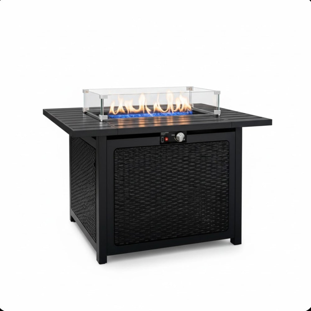 English Elm 43 Inch Faux Rattan Propane Fire Pit Table 50000 Btu with Glass Shield Lava Rock B082P454992