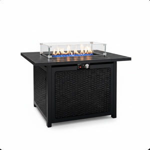 English Elm 43 Inch Faux Rattan Propane Fire Pit Table 50000 Btu with Glass Shield Lava Rock B082P454992