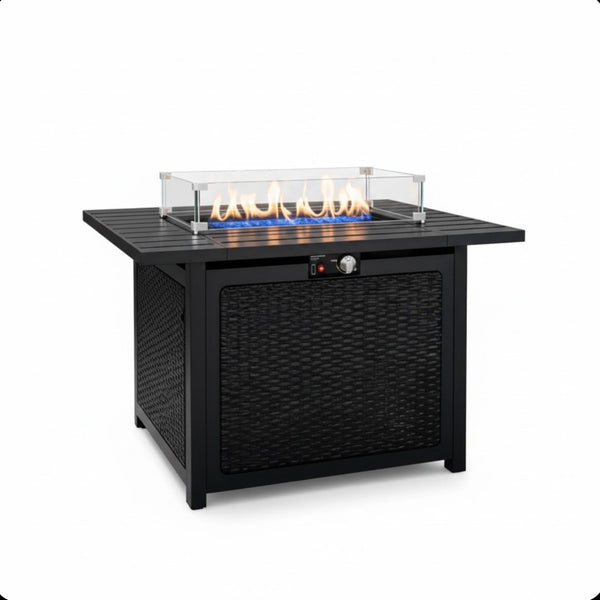 English Elm 43 Inch Faux Rattan Propane Fire Pit Table 50000 Btu with Glass Shield Lava Rock B082P454992