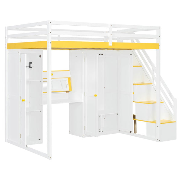 English Elm Full Size Teen Loft Bed with Staircase Shelves Wardrobe Vanity and Led Lighting LT000276AAL