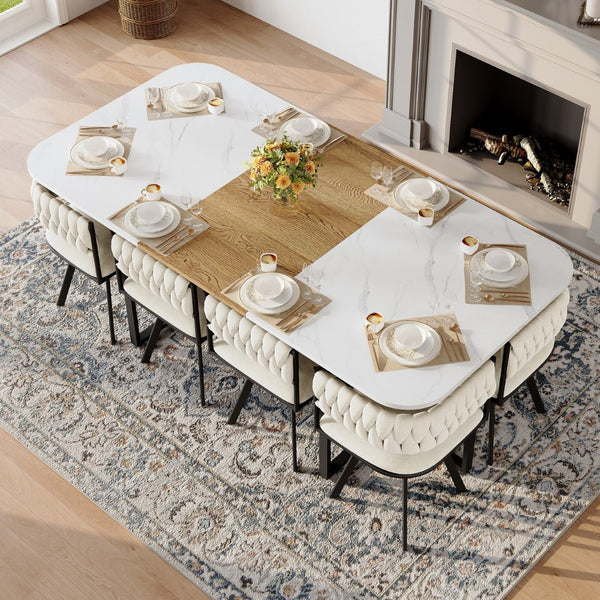 English Elm 9-piece Square Dining Set Velvet Upholstered Chairs Two-tone Tabletop Seats 8 Beige,White,Wood W3875S00149