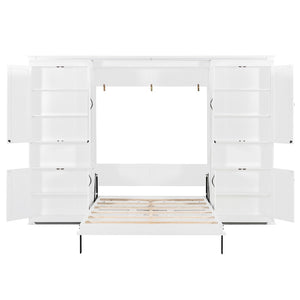English Elm Full-size Murphy Wall Bed with Sliding Cabinets and Twelve Open Shelves for Studios White LP000919AAK