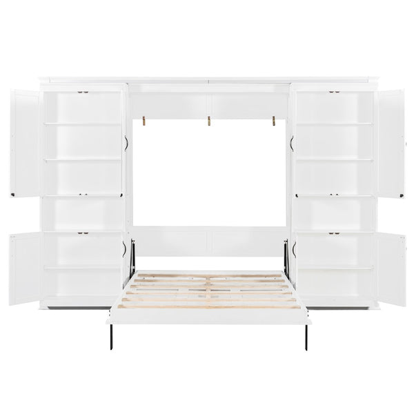 English Elm Full-size Murphy Wall Bed with Sliding Cabinets and Twelve Open Shelves for Studios White LP000919AAK