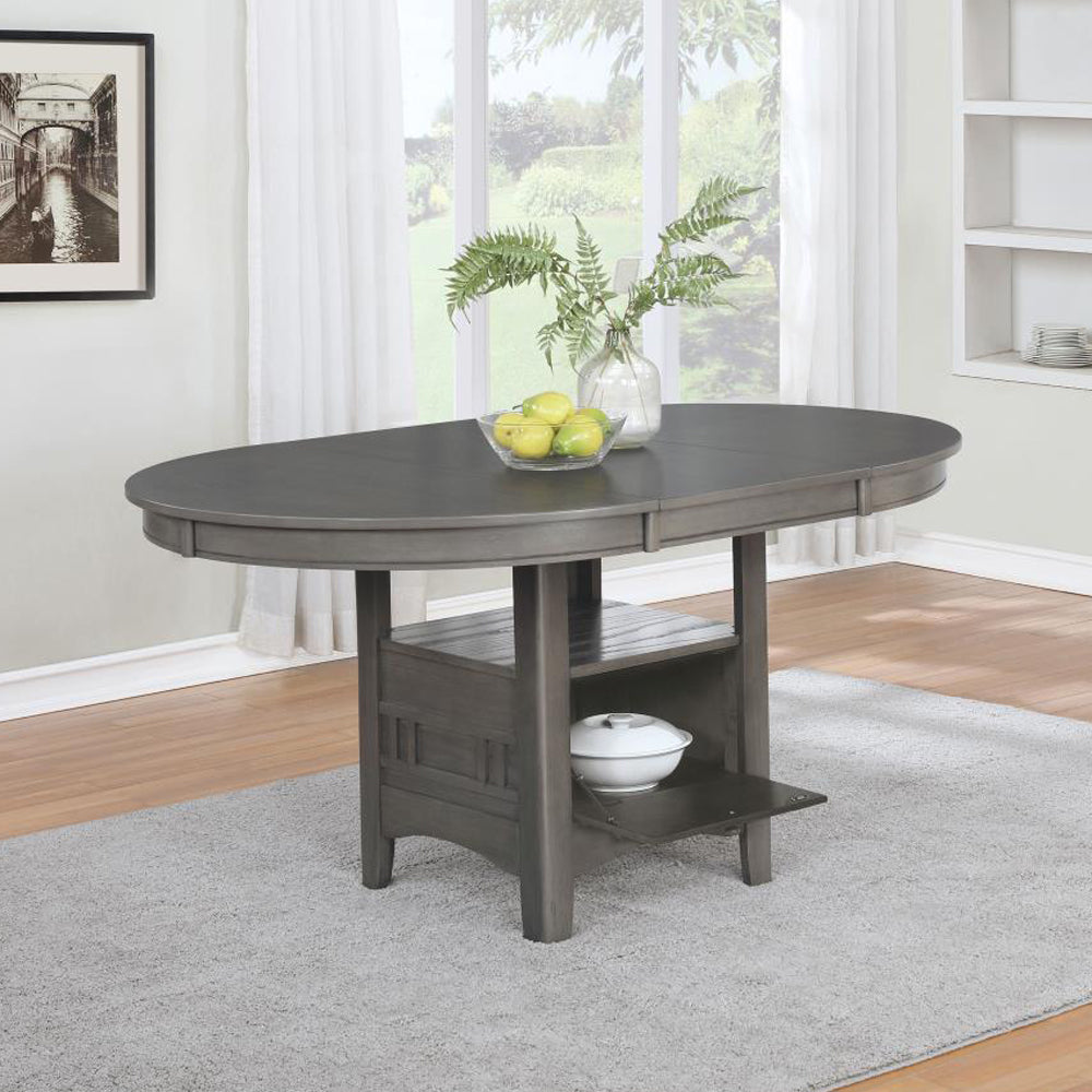 English Elm Oval 60-inch Extension Leaf Dining Table with Medium Grey Finish, Storage Base & Open Shelf B016P369261