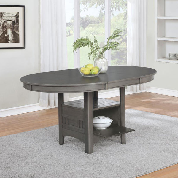 English Elm Oval 60-inch Extension Leaf Dining Table with Medium Grey Finish, Storage Base & Open Shelf B016P369261